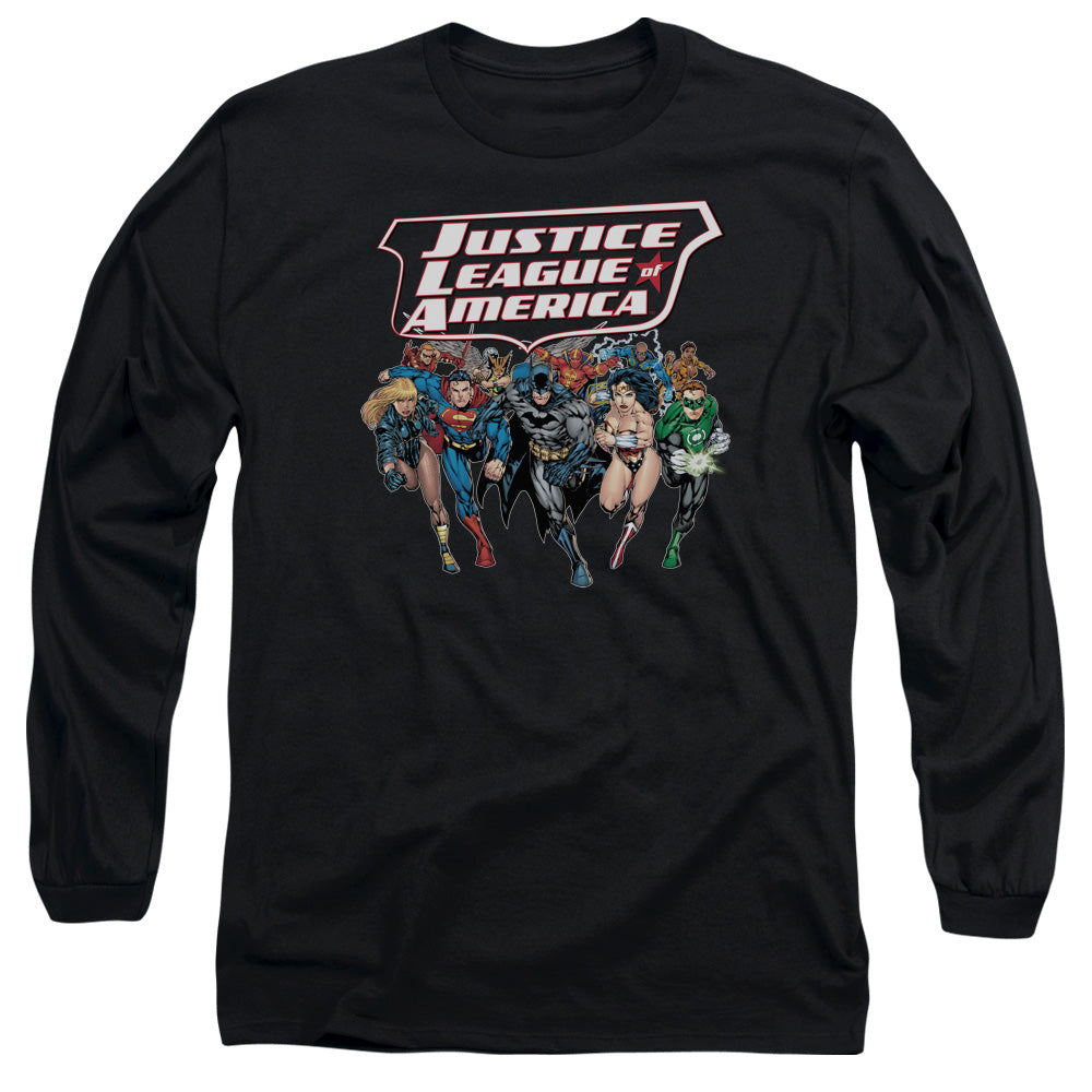 Jla Charging Justice Mens Long Sleeve Shirt Black Officially Licensed