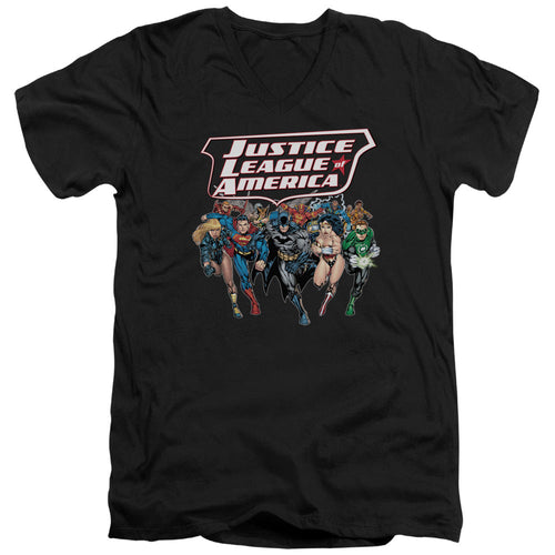 Justice League Charging Justice Mens Slim Fit V-Neck T Shirt Black