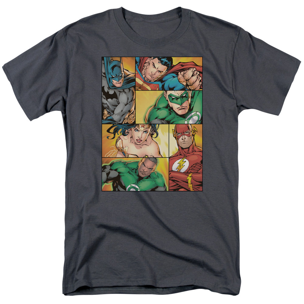 Justice League Of America Hero Boxes Mens T Shirt Charcoal