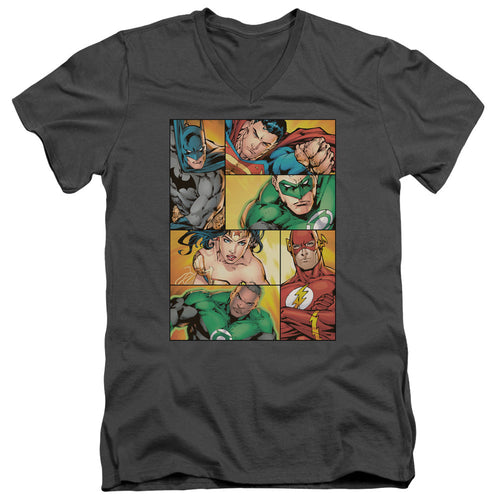 Justice League Hero Boxes Mens Slim Fit V-Neck T Shirt Charcoal