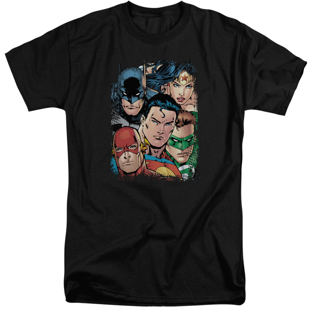 Justice League Up Close and Personal Mens Tall T Shirt Black