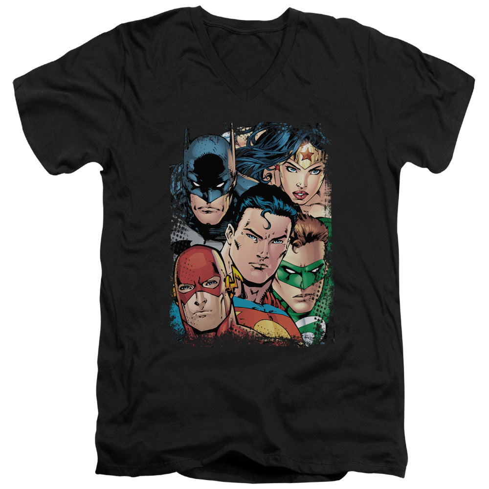 Justice League Up Close and Personal Mens Slim Fit V-Neck T Shirt Black