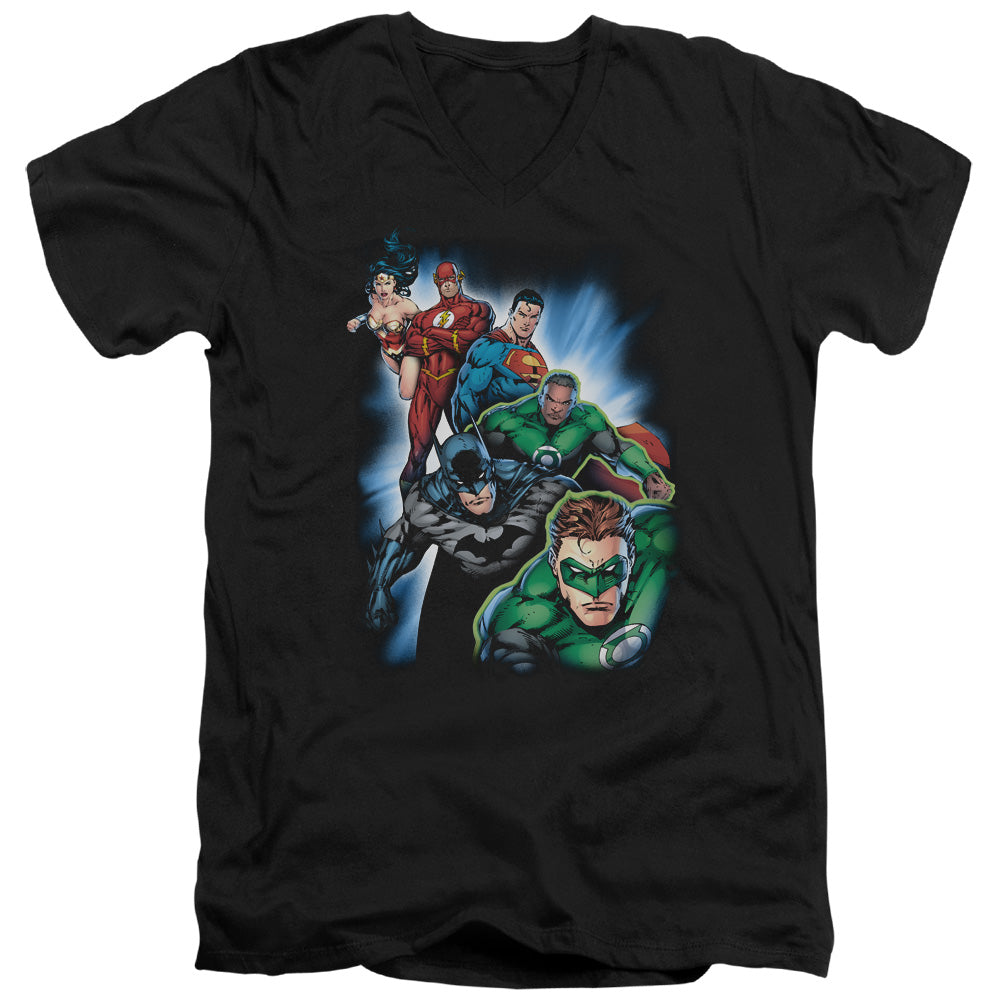 Justice League Heroes Unite Mens Slim Fit V-Neck T Shirt Black