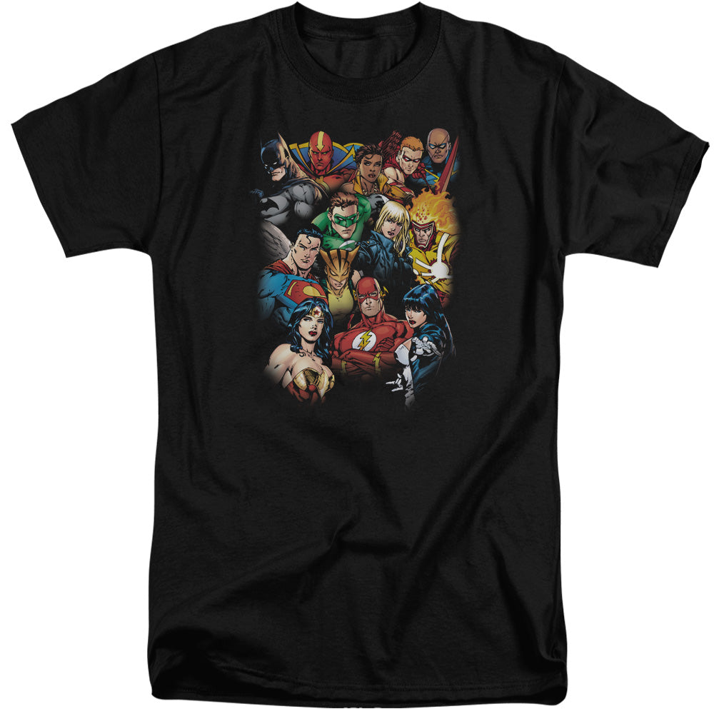 Justice League the Leagues All Here Mens Tall T Shirt Black