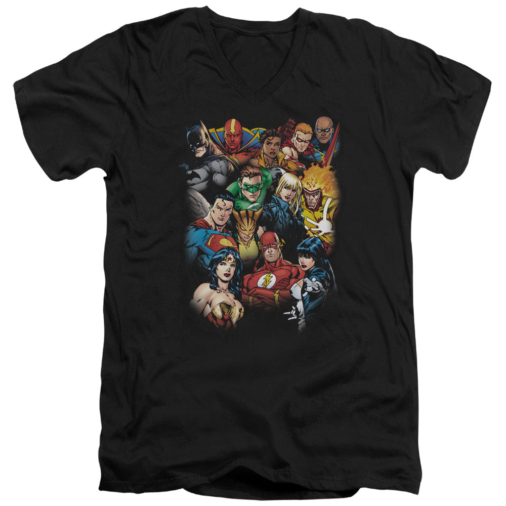 Justice League the Leagues All Here Mens Slim Fit V-Neck T Shirt Black