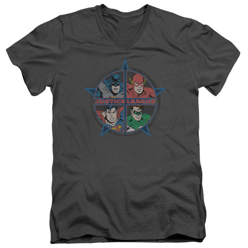 Justice League Four Heroes Mens Slim Fit V-Neck T Shirt Charcoal