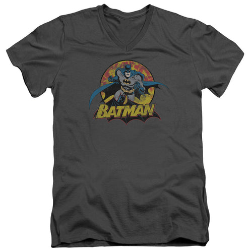 Justice League Batman Rough Distress Mens Slim Fit V-Neck T Shirt Charcoal