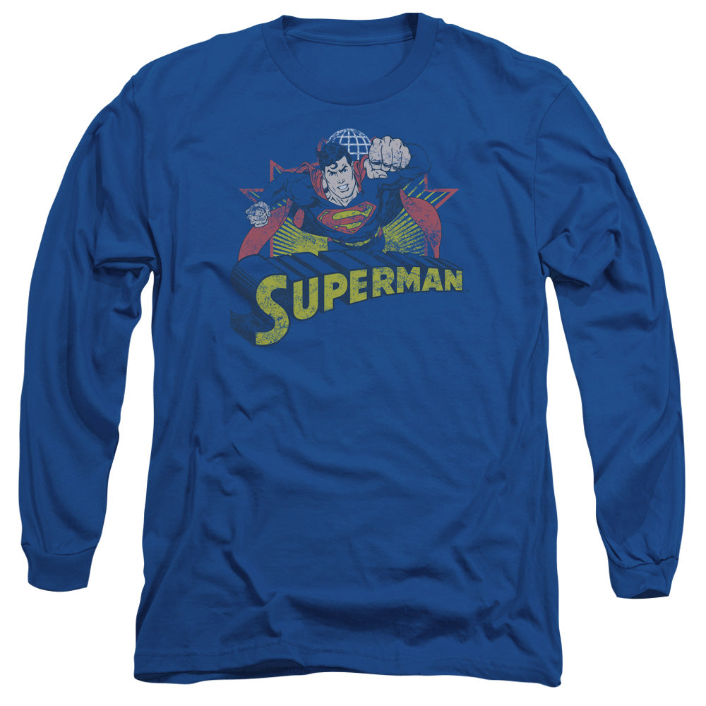 Justice League Of America Superman Rough Distress Mens Long Sleeve Shirt Royal Blue
