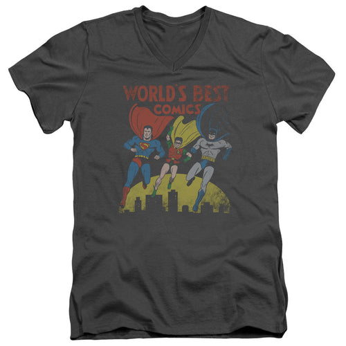 Justice League Worlds Best Mens Slim Fit V-Neck T Shirt Charcoal