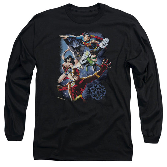 Jla Galactic Attack Color Mens Long Sleeve Shirt Black Officially Licensed