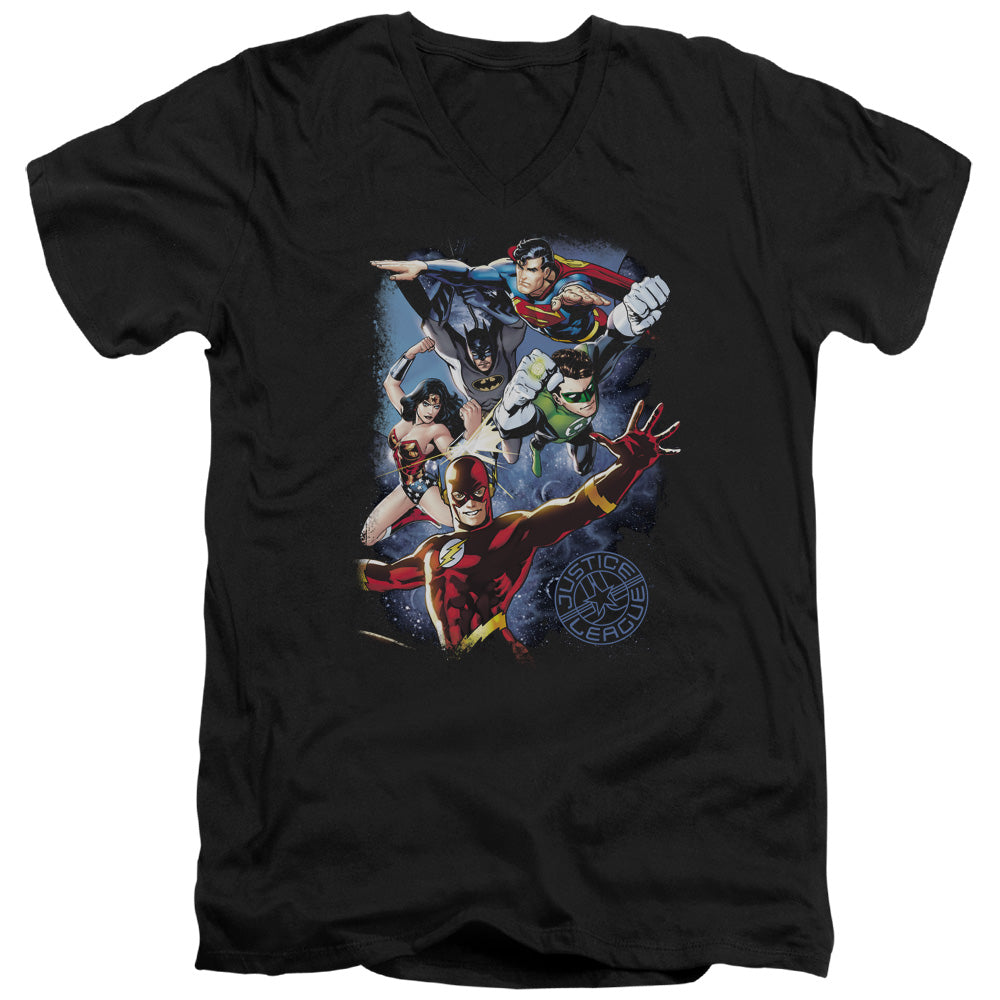 Justice League Galactic Attack Color Mens Slim Fit V-Neck T Shirt Black