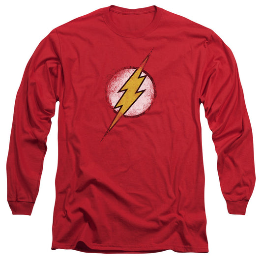 Jla Destroyed Flash Logo Mens Long Sleeve Shirt Red Officially Licensed