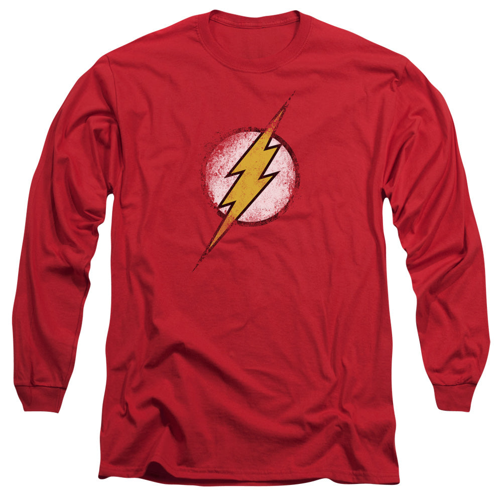 Jla Destroyed Flash Logo Mens Long Sleeve Shirt Red Officially Licensed