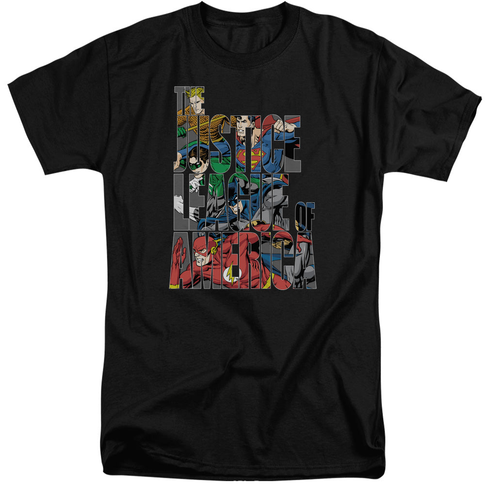 Justice League Lettered League Mens Tall T Shirt Black