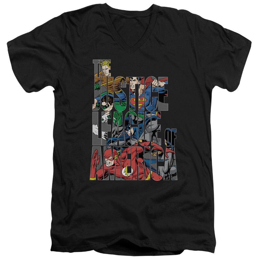 Justice League Lettered League Mens Slim Fit V-Neck T Shirt Black