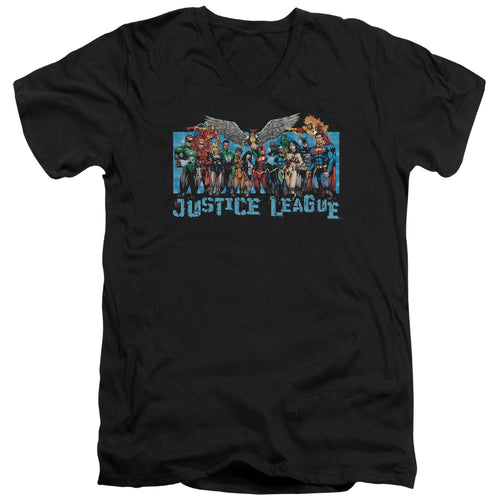 Justice League League Lineup Mens Slim Fit V-Neck T Shirt Black