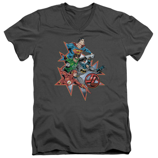 Justice League Starburst Mens Slim Fit V-Neck T Shirt Charcoal