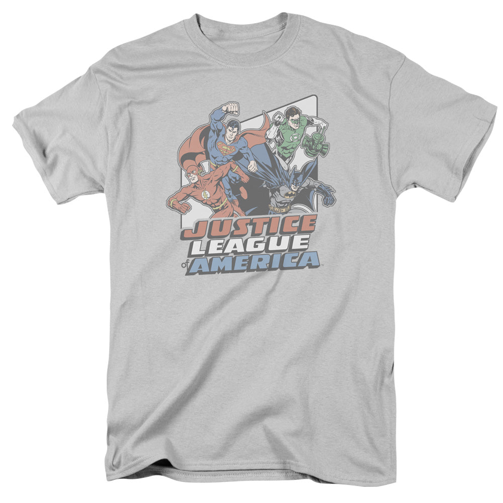 Justice League Four Against Crime Mens T Shirt Silver