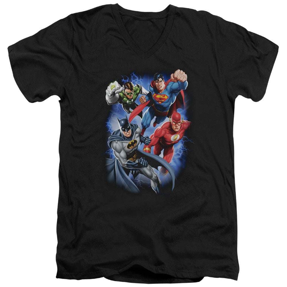 Justice League Storm Makers Mens Slim Fit V-Neck T Shirt Black