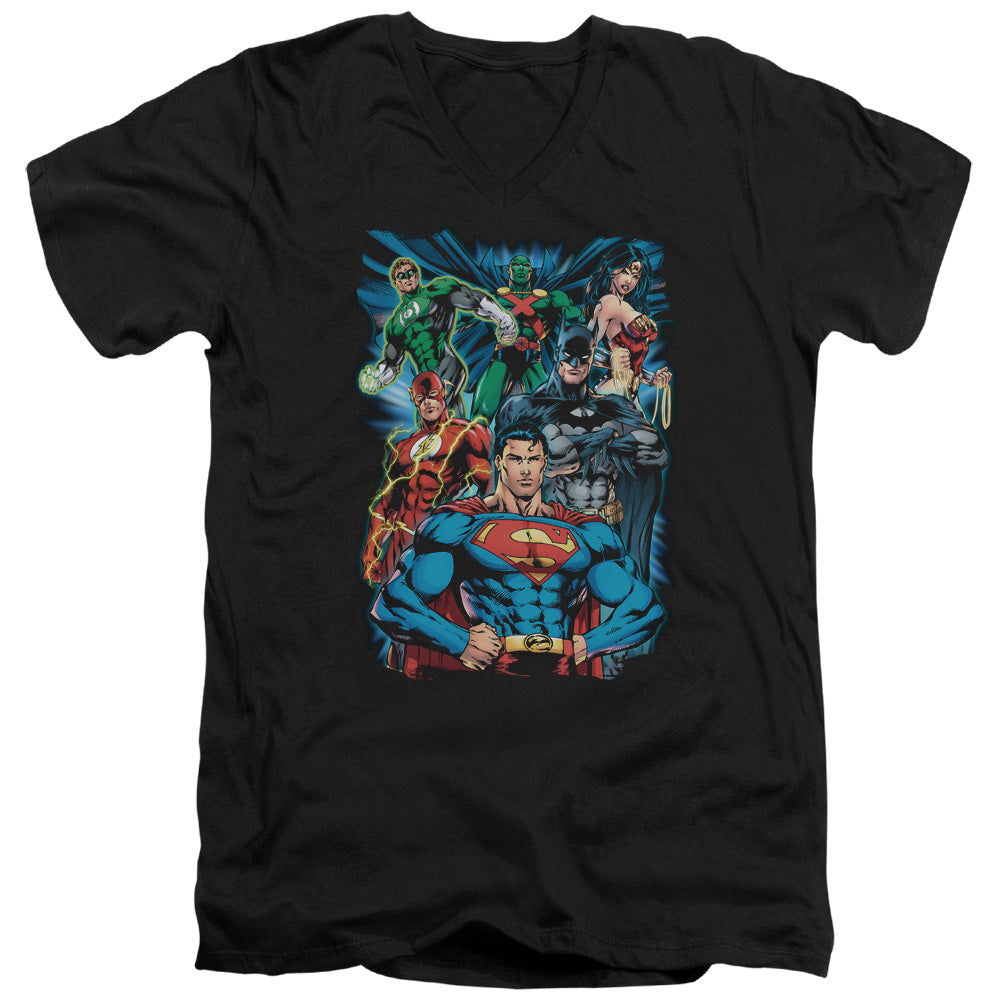 Justice League Justice is Served Mens Slim Fit V-Neck T Shirt Black