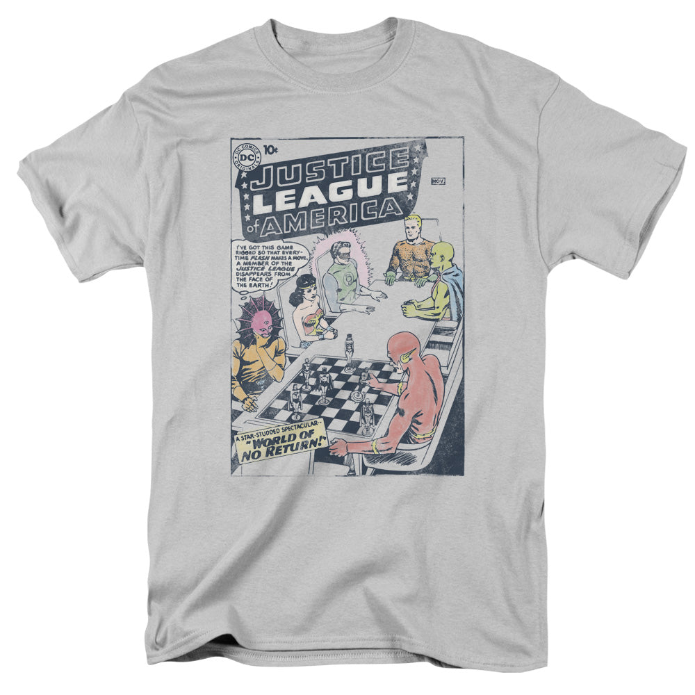 Justice League Of America World Of No Return Mens T Shirt Silver