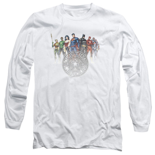 Jla Circle Crest Mens Long Sleeve Shirt White Officially Licensed