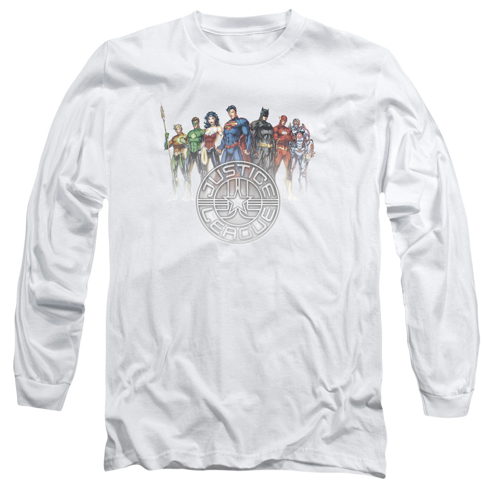 Jla Circle Crest Mens Long Sleeve Shirt White Officially Licensed