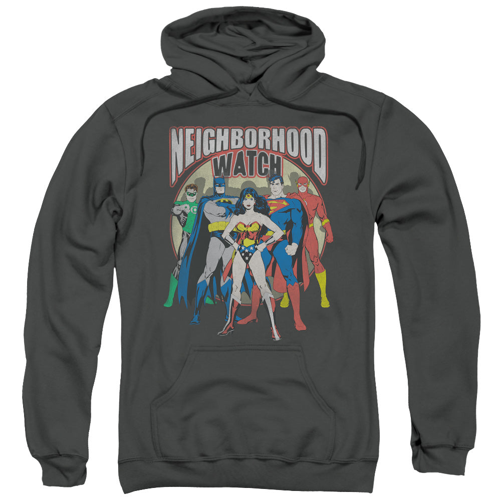 Justice League Neighborhood Watch Mens Hoodie Charcoal