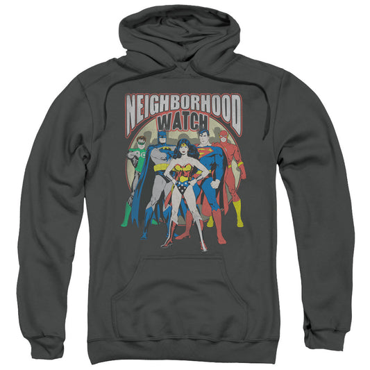 Justice League Neighborhood Watch Mens Hoodie Charcoal