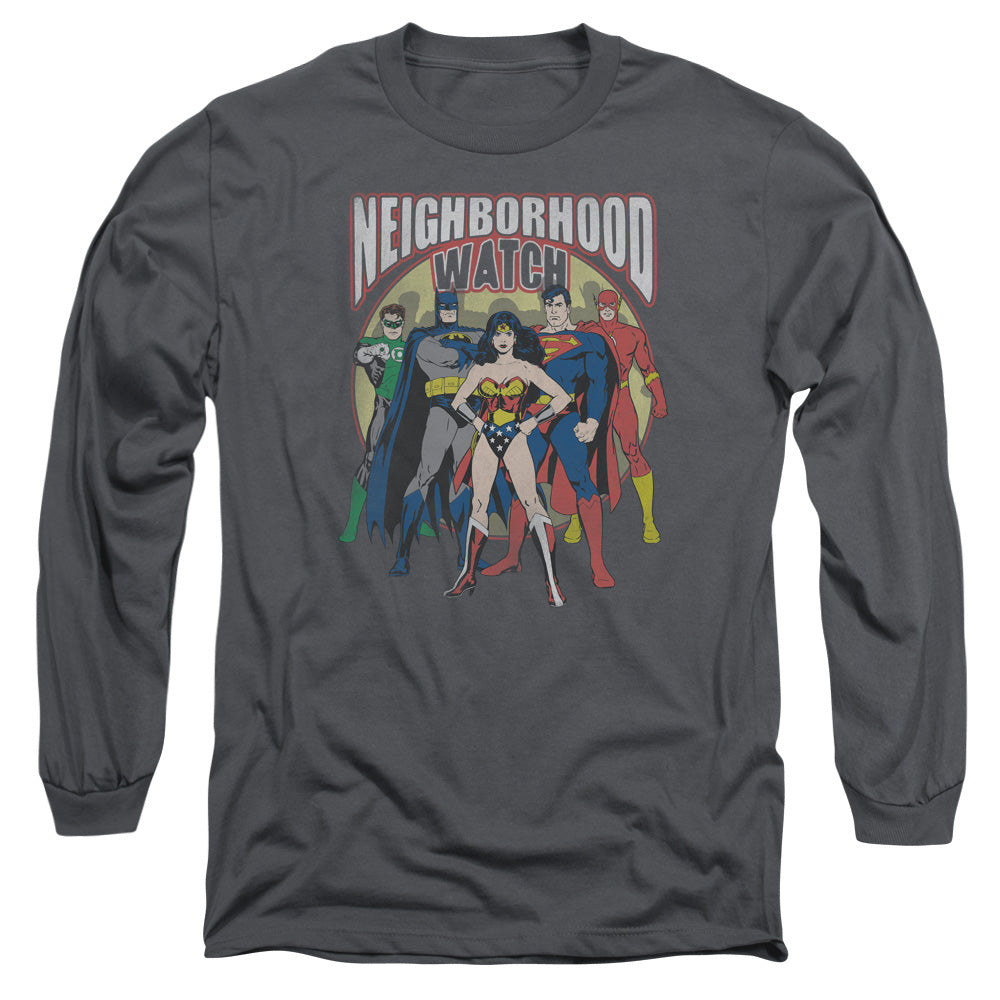 Justice League Neighborhood Watch Mens Long Sleeve Shirt Charcoal