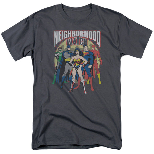 Justice League Neighborhood Watch Mens T Shirt Charcoal