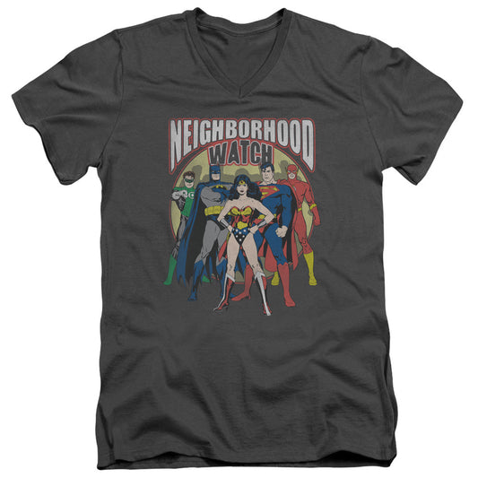 Justice League Neighborhood Watch Mens Slim Fit V-Neck T Shirt Charcoal