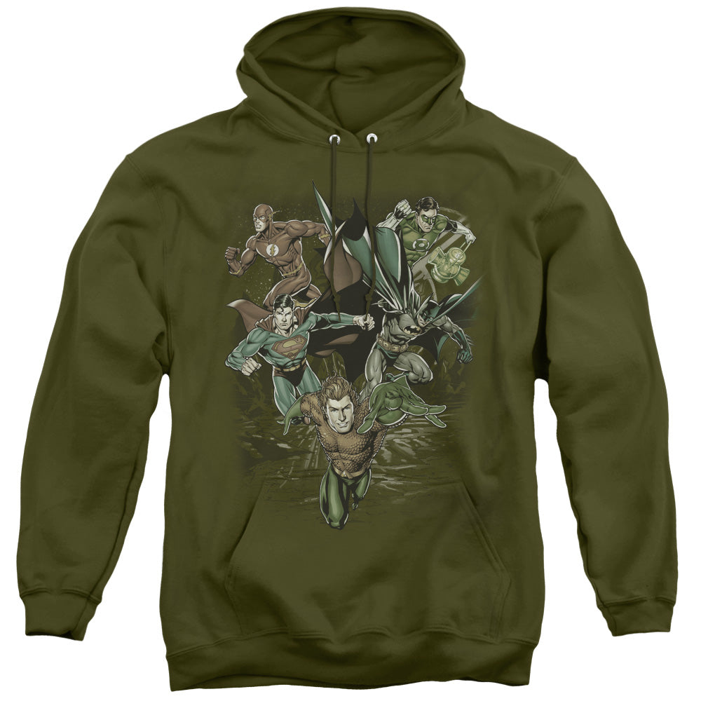 Justice League Spacing Out Mens Hoodie Military Green