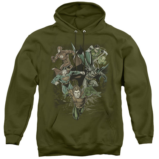 Justice League Spacing Out Mens Hoodie Military Green