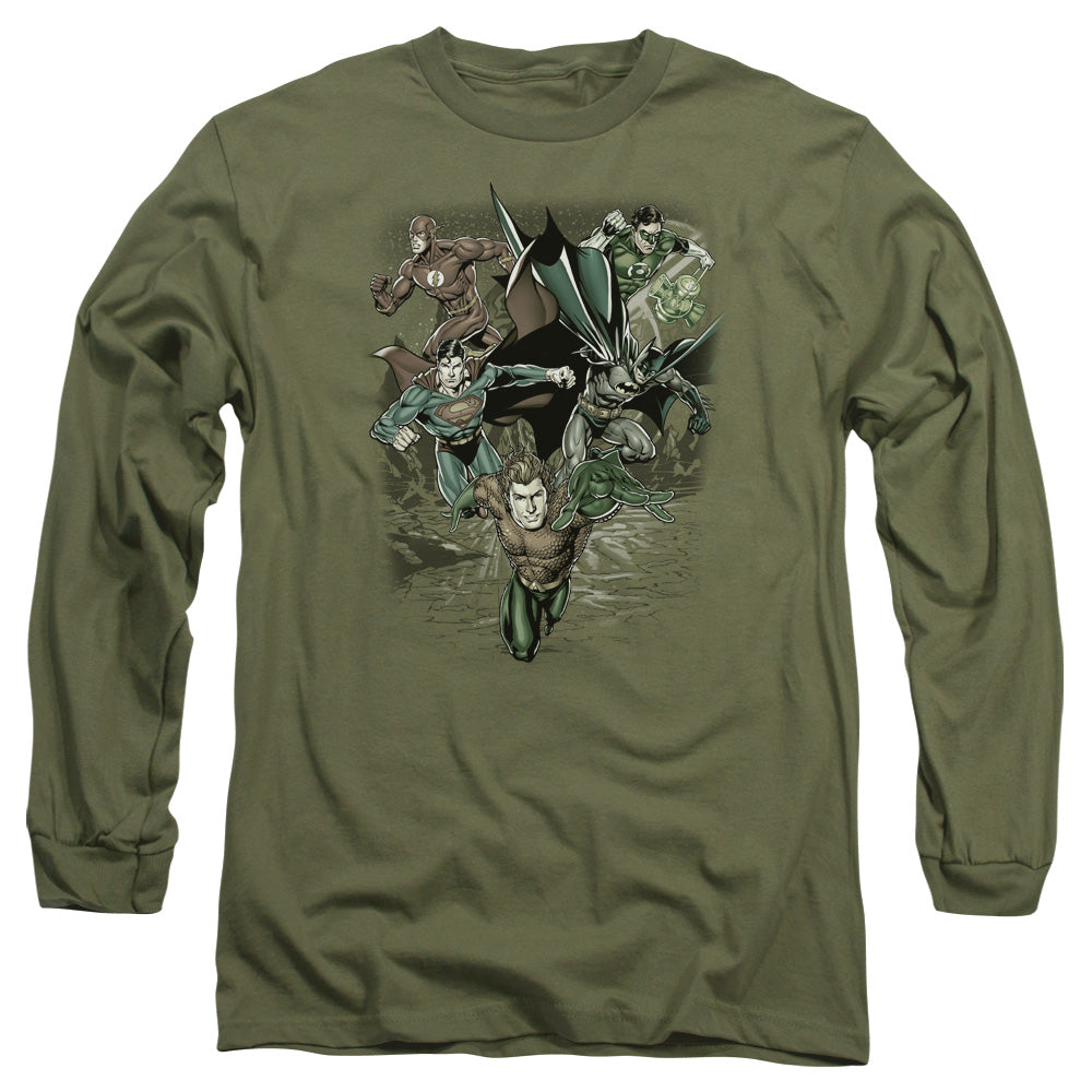Jla Spacing Out Mens Long Sleeve Shirt Military Green Officially Licensed