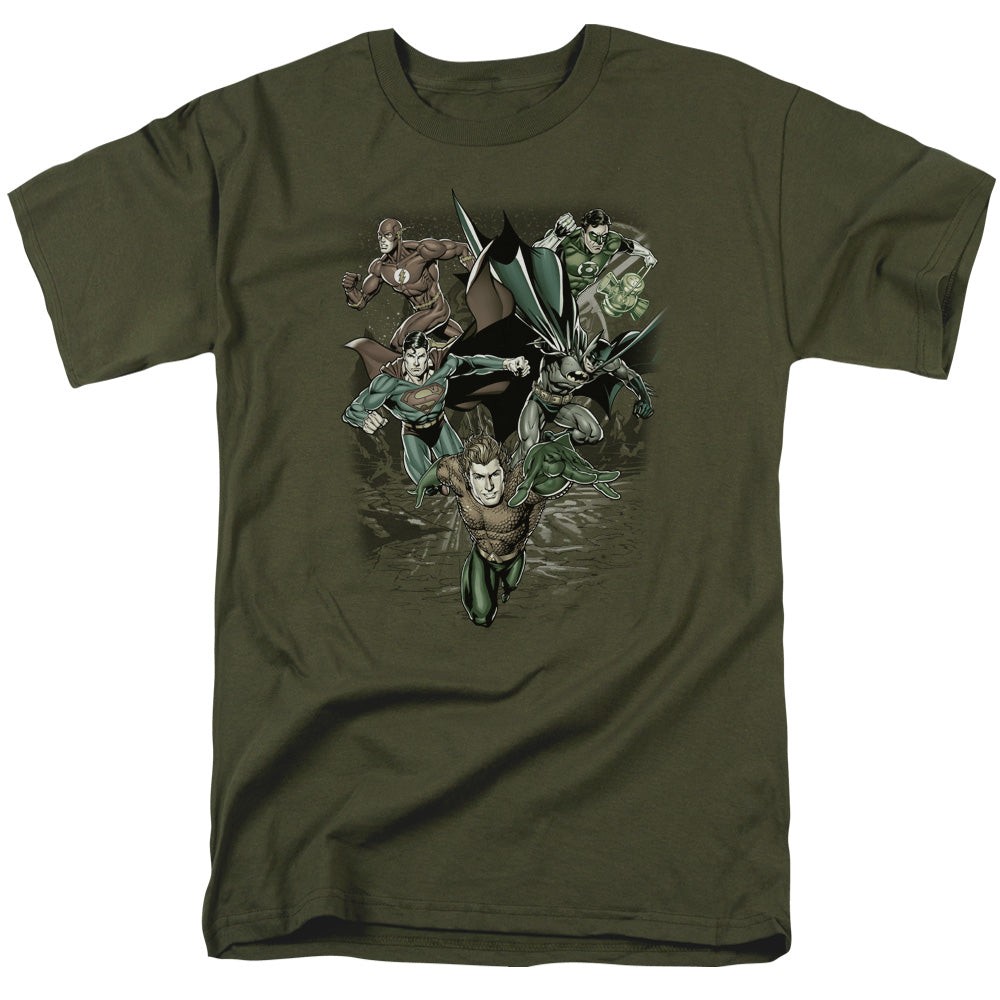 Justice League Spacing Out Mens T Shirt Military Green