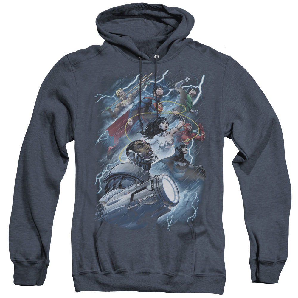 Justice League Ride the Lightening Heather Mens Hoodie Navy Blue