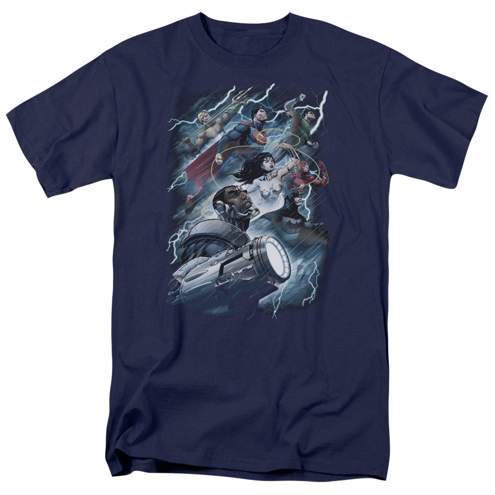 Justice League Ride the Lightening Mens T Shirt Navy Blue