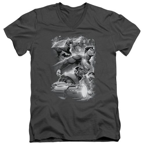 Justice League Atmospheric Mens Slim Fit V-Neck T Shirt Charcoal