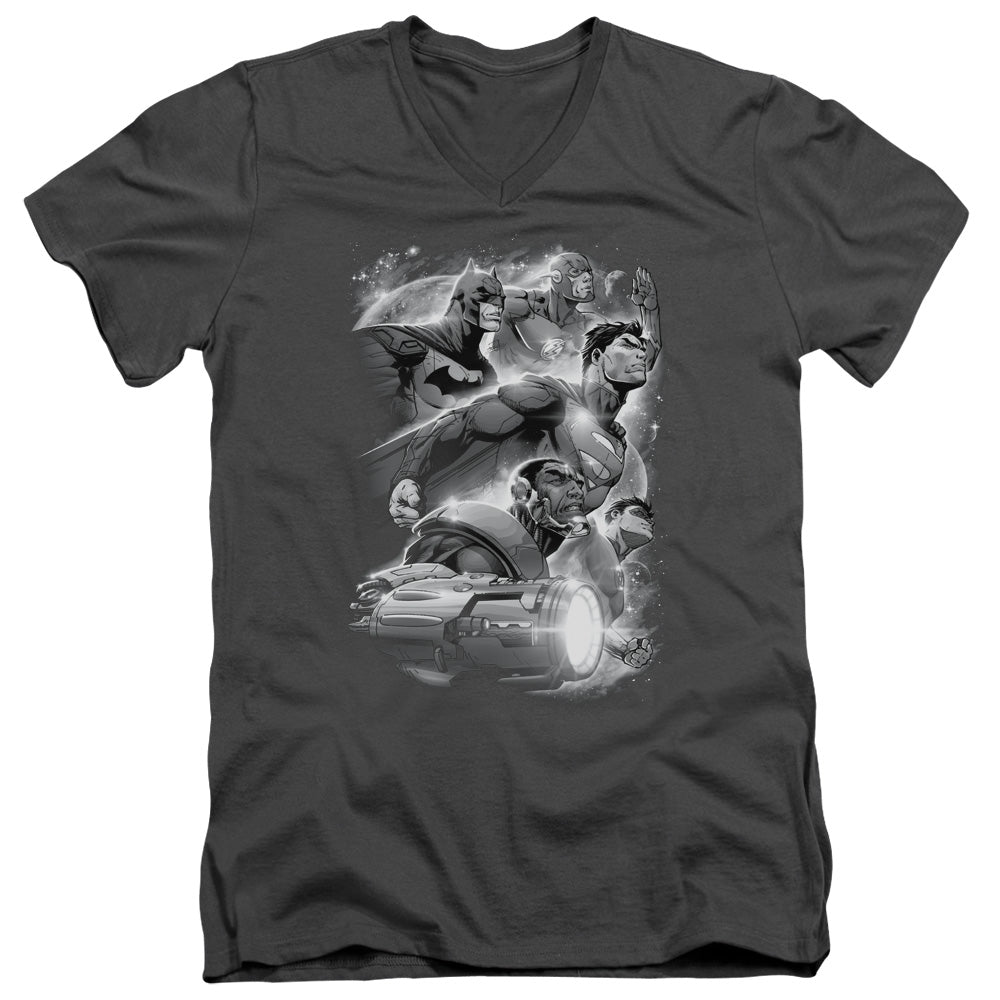 Justice League Atmospheric Mens Slim Fit V-Neck T Shirt Charcoal