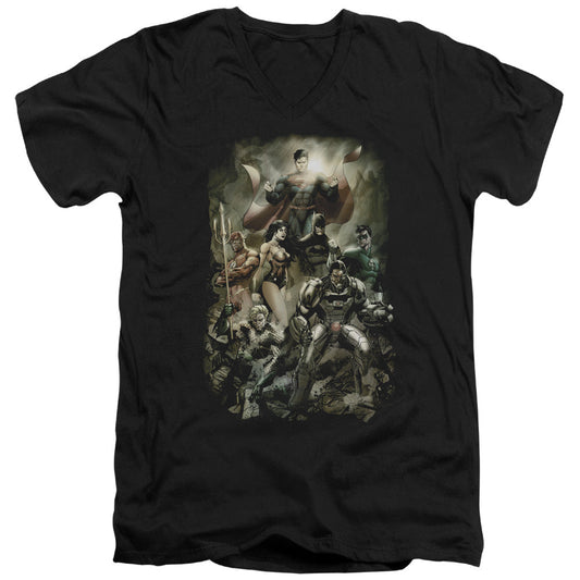 Justice League Aftermath Mens Slim Fit V-Neck T Shirt Black