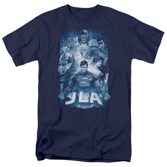 Justice League Burst Mens T Shirt Navy Blue