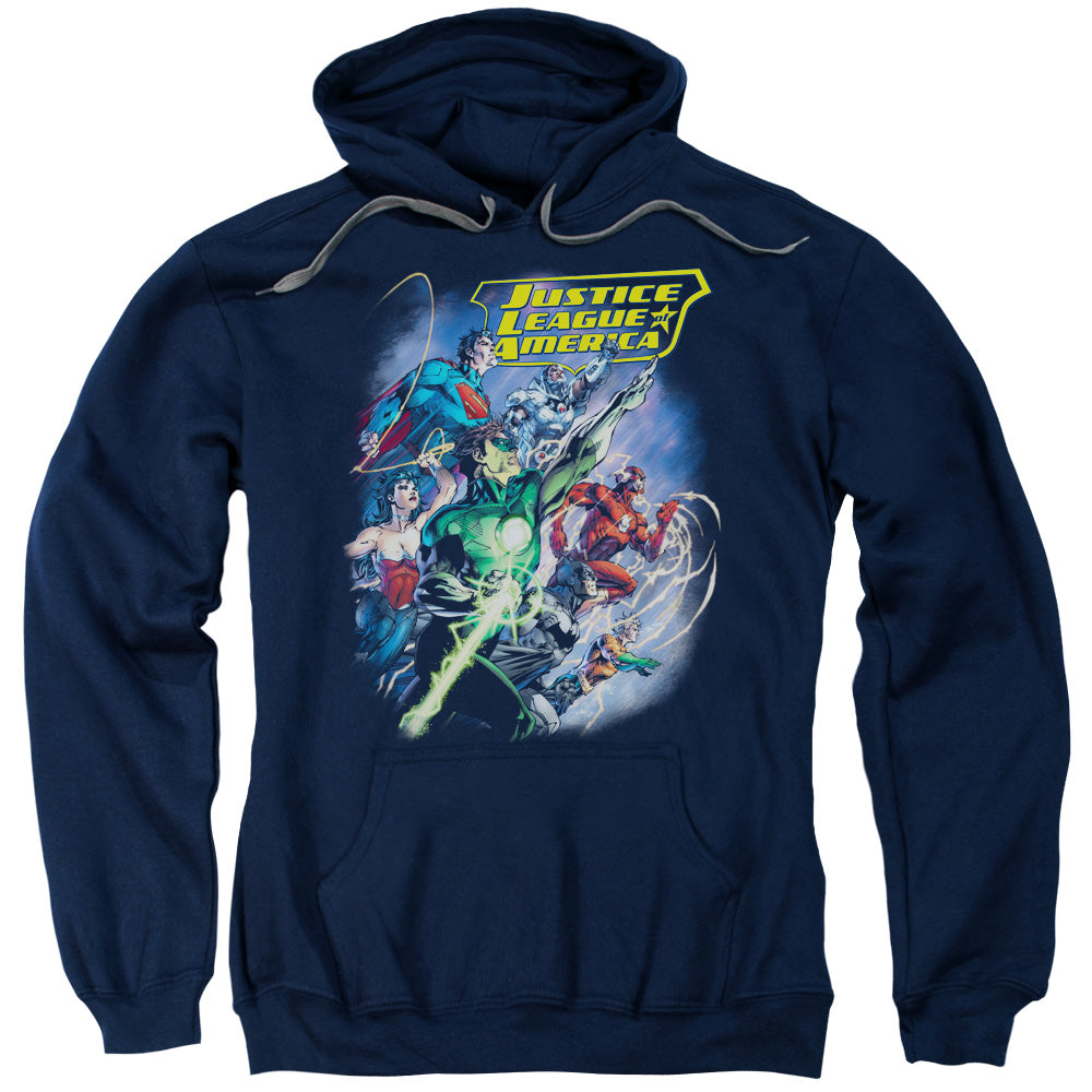 Justice League Onward Mens Hoodie Navy Blue