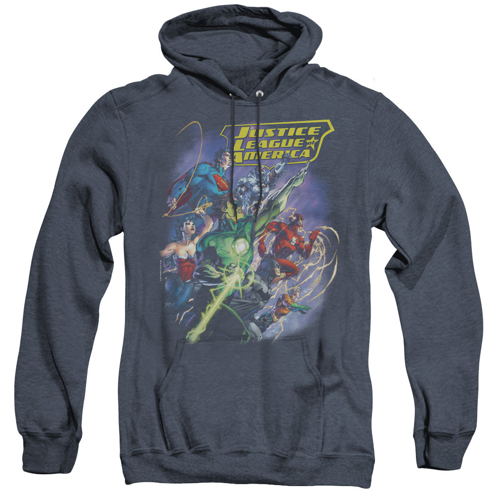 Justice League Onward Heather Mens Hoodie Navy Blue