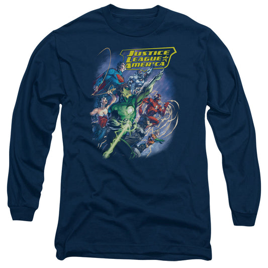 Justice League Onward Mens Long Sleeve Shirt Navy Blue
