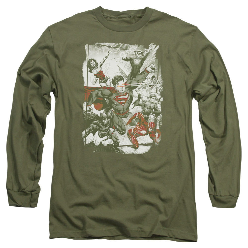 Jla Green And Red Mens Long Sleeve Shirt Military Green Officially Licensed