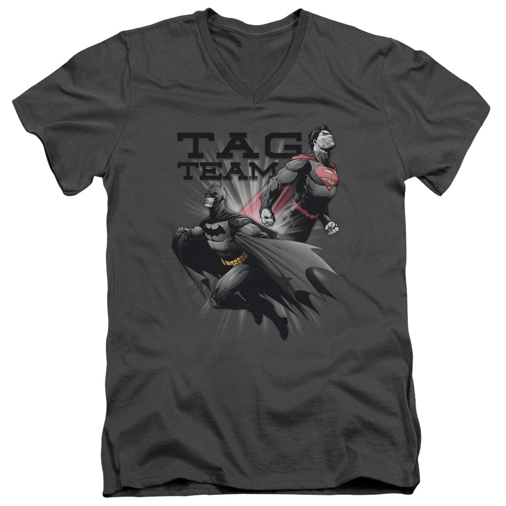 Justice League Tag Team Mens Slim Fit V-Neck T Shirt Charcoal