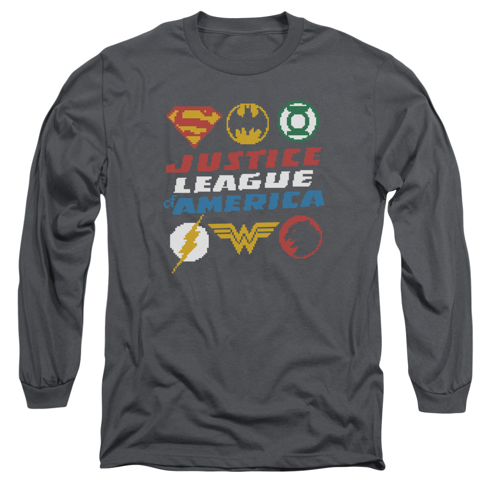 Jla Pixel Logos Mens Long Sleeve Shirt Charcoal Officially Licensed