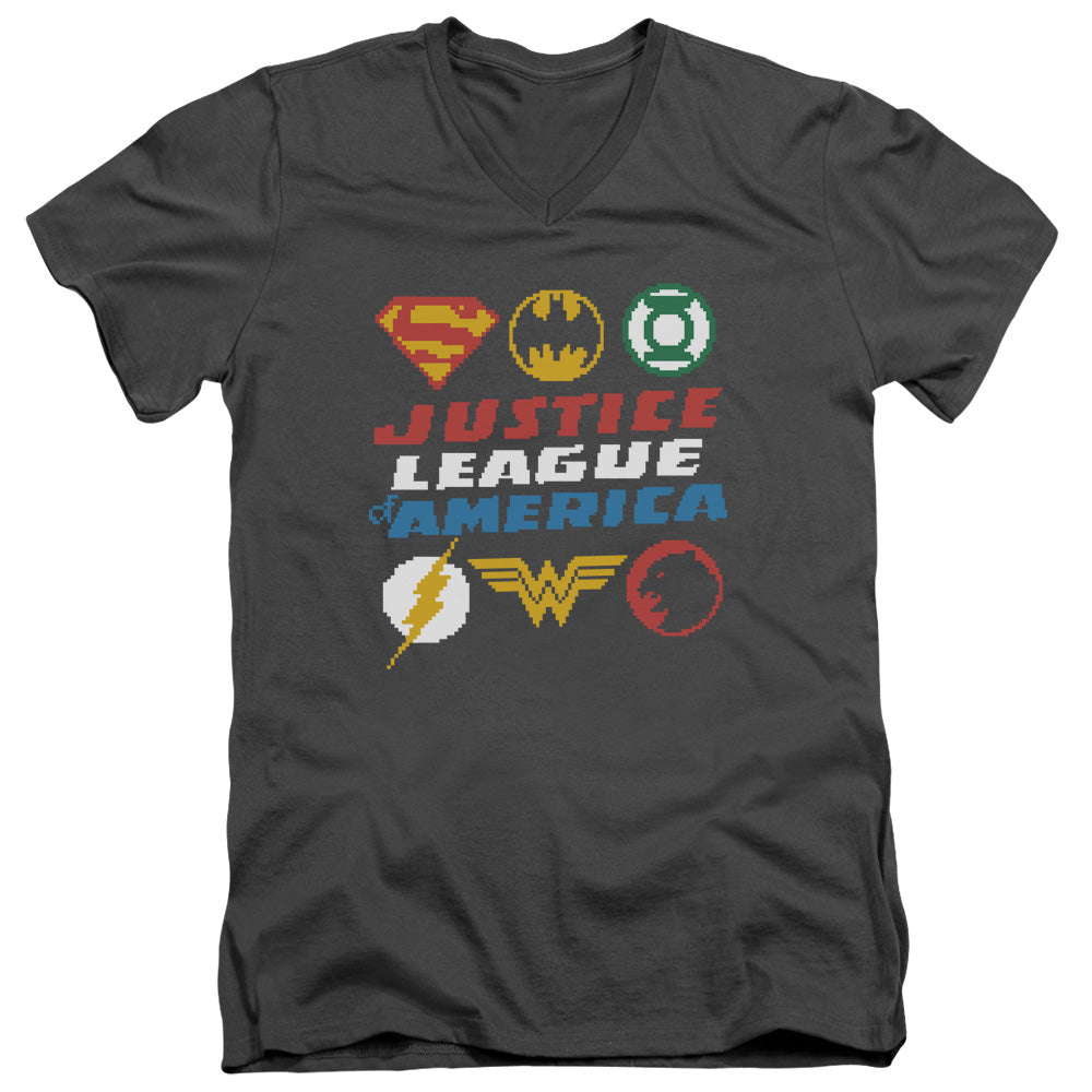 Justice League Pixel Logos Mens Slim Fit V-Neck T Shirt Charcoal