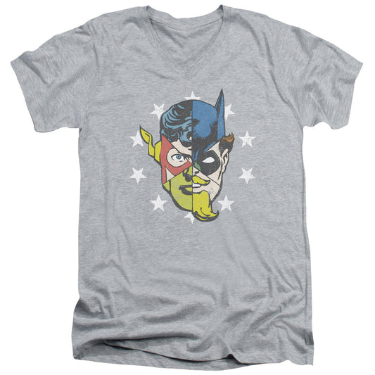 Justice League Face Off Mens Slim Fit V-Neck T Shirt Athletic Heather